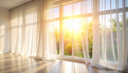 Sunlit room interior with flowing sheer curtains and bright morning glow