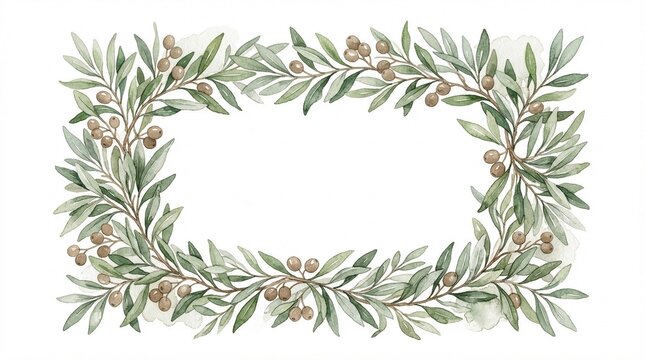 Watercolor olive branch frame, elegant botanical border with green leaves and olives, rustic mediterranean wreath for wedding invitations