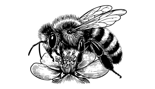 A bee vector illustration collecting nectar from a flower