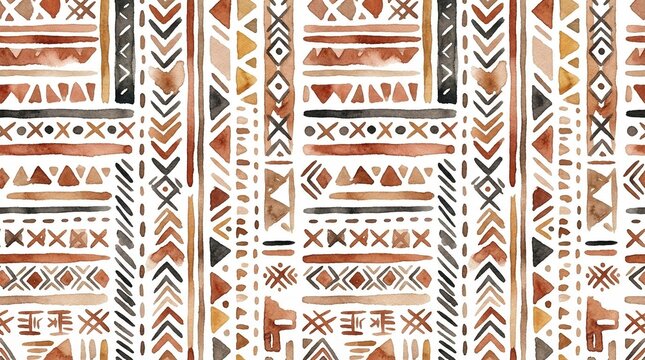 Boho tribal seamless pattern, watercolor ethnic geometric background, hand painted earthy terracotta and brown mudcloth textile design