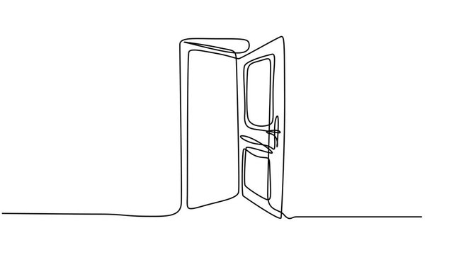 Open door continuous one line drawing animation, Open door continuous one line drawing animation, A one-line drawing of an open door with an arrow pointing forward, symbolizing a clear exit strategy