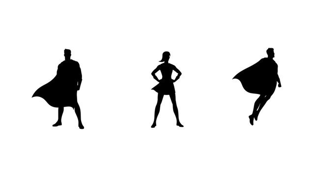 Superhero silhouettes set with capes, heroic male and female characters in powerful poses, flying and standing hero vector icons