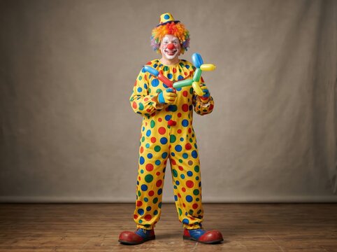A cheerful clown holds a balloon animal
