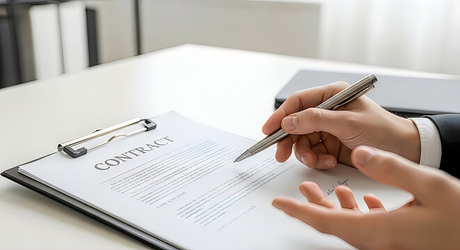 Signing contract with pen on paper documents.