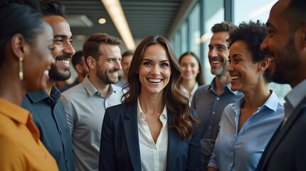 Obraz premium Diverse Group of Happy Professionals Engaging in Lively Discussion in Modern Office Environment