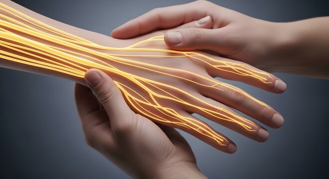 Nerve repair and manual therapy massage. Neurology treatment and physical rehabilitation. Doctor hands touching a patient arm with glowing yellow nerve lines showing healing