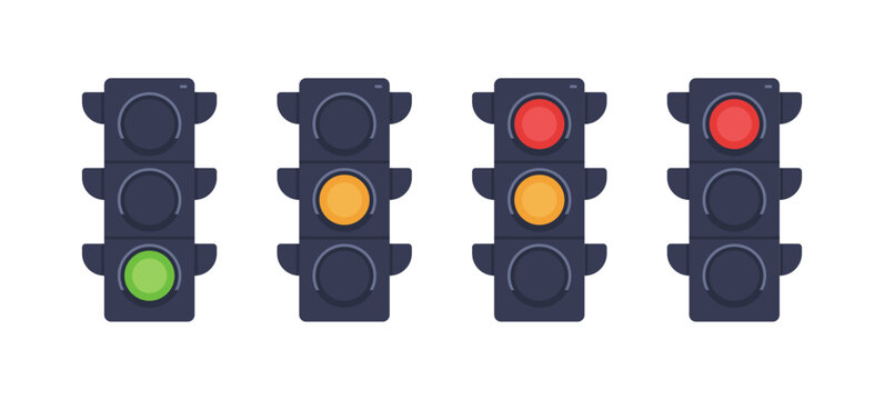 Traffic signal lights set with red yellow and green indicators for road control, stop and go semaphore lamps, flat vector illustration isolated on white background.