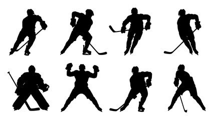 Ice hockey player silhouettes set, 8 professional athlete vector elements, black hockey goalie and skater figures for sports design © DesignHost