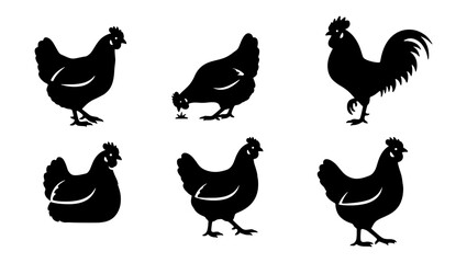 Black chicken silhouette collection, set of 6 farm bird vector icons, rustic rooster and hen silhouettes for organic food branding and farm logos © DesignHost