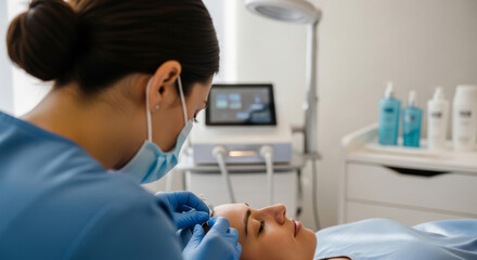 Fototapeta premium Female Beauty Therapist Performs A Skincare Treatment on A Female Client in A Modern, Serene Spa Environment Concept Business Strategy