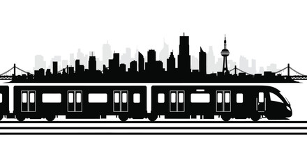 A striking black silhouette depicts a train passing a modern cityscape with iconic structures silhouette high quality professional detailed elegant stylish © CreativeAkash099