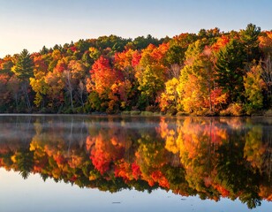 Obraz premium A serene lake mirrors a vibrant forest ablaze with autumn colors during a sunny, cloudless day. The scene evokes peace