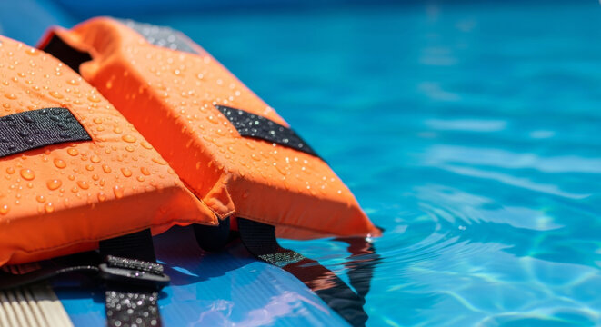 Vibrant Orange Life Jackets Resting on A Floating Mat, Glistening Under The Sun Near A Sparkling Blue Pool Concept Cyber Security