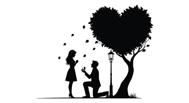 A couple experiencing a romantic proposal beneath a heart shaped tree captured in a striking silhouette high quality professional detailed modern elegant