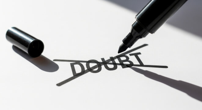 Close-up of A Marker Crossing Out The Word Doubt on A Clean Sheet, Symbolizing Confidence and The Elimination of Negativity Concept Positive Mindset