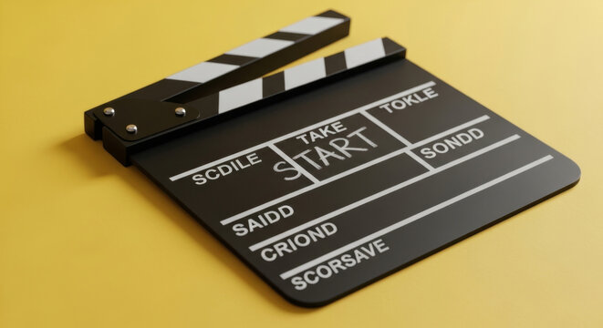 Black Film Clapperboard on A Bright Yellow , Featuring Playful Text. Perfect for Cinematic Themes Or Creative Projects Concept Creative Innovation