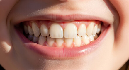 Fototapeta premium Close-up of A Young Childs Smiling Face, Showcasing Bright Teeth and A Joyful Expression Concept Positive Mindset