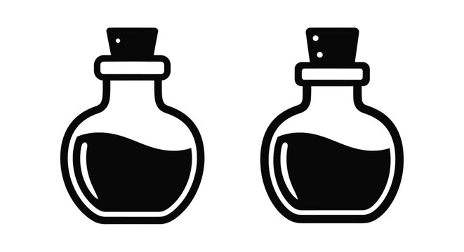 Two vintage potion bottles in black silhouette on transparent background