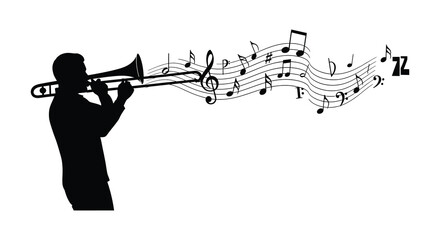 A striking black silhouette portrays a trombonist playing surrounded by flowing musical notes and staff lines silhouette high quality professional detailed © CreativeAkash099