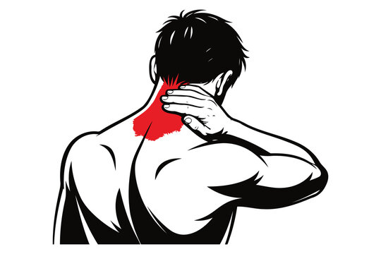 Illustration of a person indicating pain or discomfort in the neck and upper back region Vector