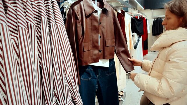 Customer Choosin  Leather Jacket in Clothing Store. Seasonal Wardrobe Selection