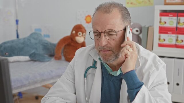 Man doctor seated at desk holding smartphone to ear, stethoscope on neck, looking at computer monitor in clinic building; patient care concern.