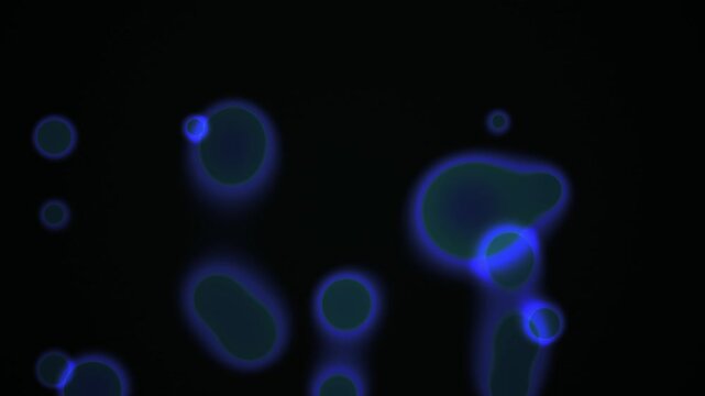 Abstract glowing blue cells or microorganisms floating in a dark background with a sense of depth and scientific mystery