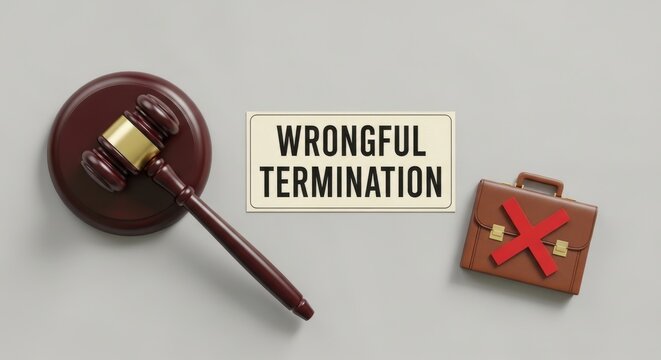 Wrongful termination legal concept with judge gavel, wooden briefcase icon with red cross, employment law and labor rights litigation