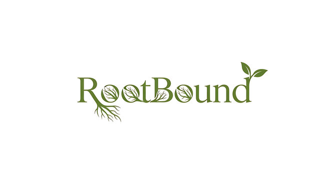 A creative text logo integrating plant roots and a leaf for natural growth.