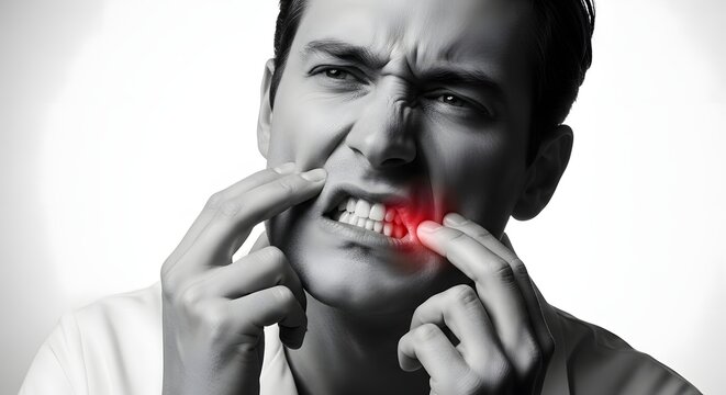 Oral pain and sensitive gum inflammation. Dental cavity problems and toothache relief. Man touching his painful mouth showing red glow on lower teeth and gums