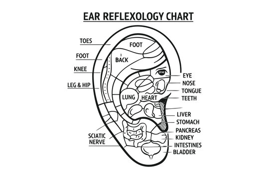 Anatomy of ear reflexology zones and corresponding body parts for holistic therapy Vector