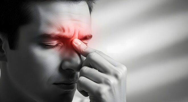 Sinus pressure and nasal congestion discomfort. Otolaryngology and seasonal allergy relief. Man pinching the bridge of his nose with red glowing pain area in grayscale background
