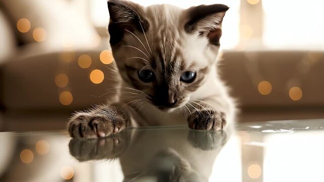 A small adorable kitten with pointy ears and paws on glass table