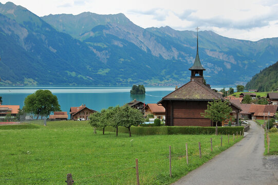 Picturesque landscape of Iseltwald village on the shore of Lake Brienz in Switzerland.