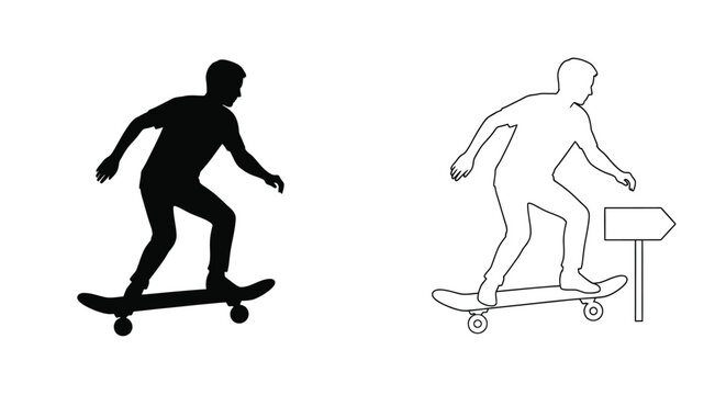 Two skateboarders depicted in contrasting styles a striking silhouette