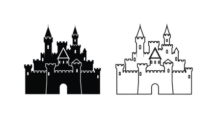 Two medieval castles one solid black and one outlined silhouette © adobeamena