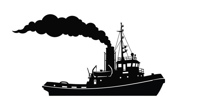 Black silhouette of a tugboat emitting smoke from its stack silhouette