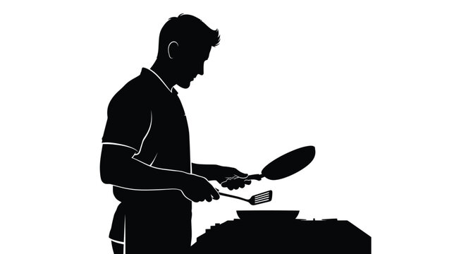 Man cooking with a pan and spatula a striking black silhouette