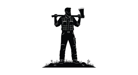 A strong lumberjack stands confidently holding an axe over his shoulder depicted in a striking silhouette high quality professional detailed modern © CreativeAkash099