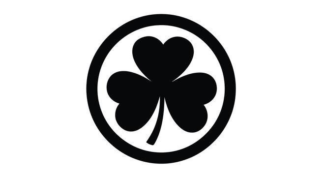 A black circular emblem featuring a four leaf clover silhouette