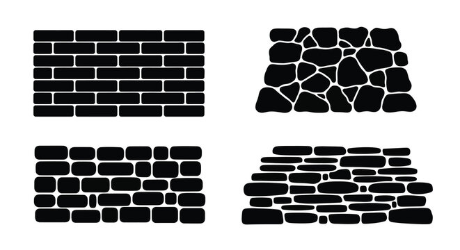 Four stone wall patterns displayed as black shapes silhouette