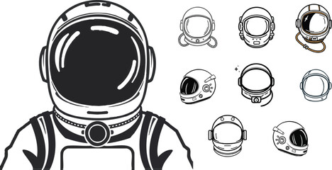 Minimal Outline Astronaut Helmet Icon in Clean Line Art Style with White Background for Space Apps, Sci-Fi Projects, and Modern User Interface Design © PRO_ED