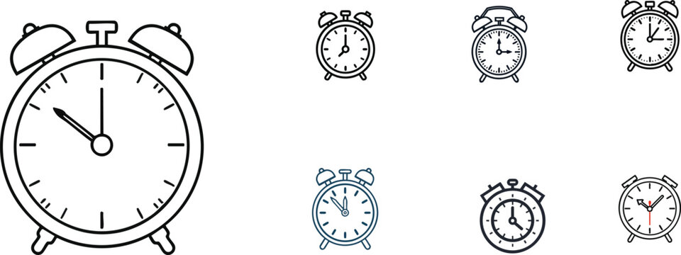 Minimal Outline Alarm Clock Icon in Clean Line Style with White Background for Time Management Apps, Reminder Tools, and Modern User Interface Design