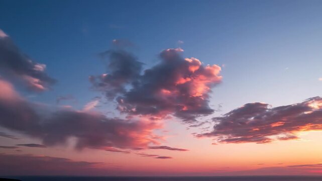Dramatic sunset cloudscape with gradient sky soft golden hour light and tranquil ocean horizon casting serene mood
