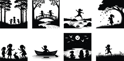 Obraz premium Children silhouette collection, kids outdoor activities illustration, forest play scenes, river adventure, friendship moments, childhood lifestyle, playful 