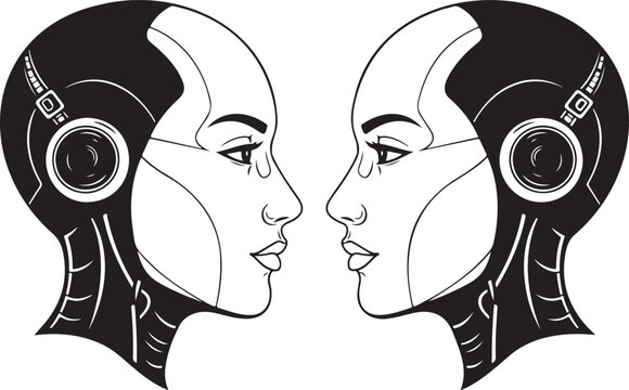 Vector art of two female faces in profile facing each other.Black and white vector illustration of human and robot side.