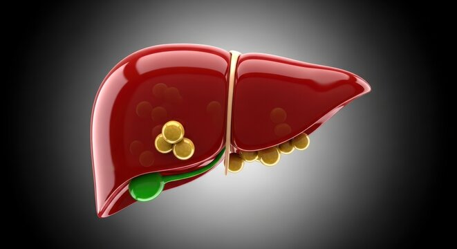 Anatomical illustration of human liver with gallbladder and bile ducts from a medical perspective