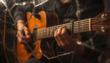Obraz premium A musician playing guitar with hands on the strings creating music in a performance setting