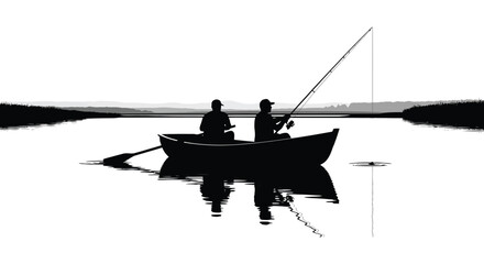 Two figures are fishing from a small boat on calm water creating a striking visual silhouette high quality professional detailed modern © CreativeAkash099