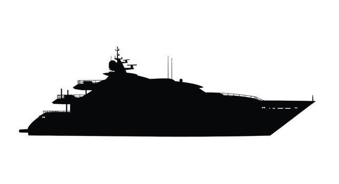A sleek black silhouette of a large luxury yacht at sea